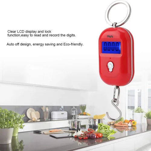 Vista 3 de Mini báscula electrónica, báscula de pesaje de pescado, portátil, 55.1 lbs/5G, báscula colgante digital, llavero de bolsillo, gancho