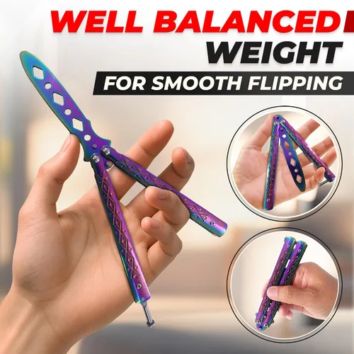 Vista 6 de Rainbow - Cuchillo de mariposa de práctica de 8.2 pulgadas con hoja embotada, cuchillo de mariposa de entrenamiento de metal con asas fuertes