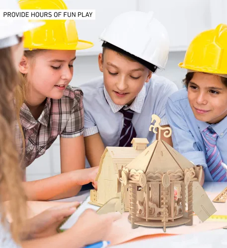 Vista 4 de Puzzled Juego de carrusel de rompecabezas 3D, kit de modelo de construcción de artesanías de madera, divertido y educativo, juguete de madera