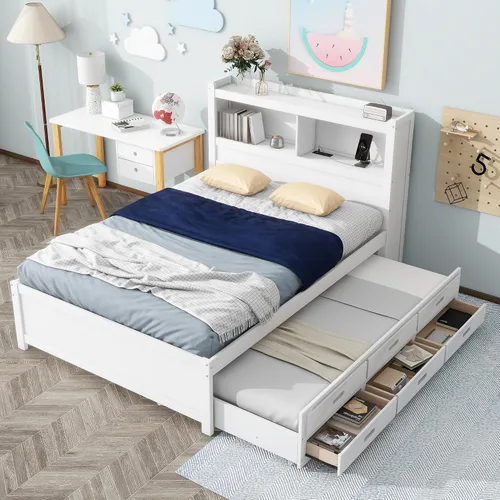Vista 20 de Cama de plataforma de tamaño matrimonial con cajones y estantes de almacenamiento, base de cama de madera maciza, base de colchón con cabecera
