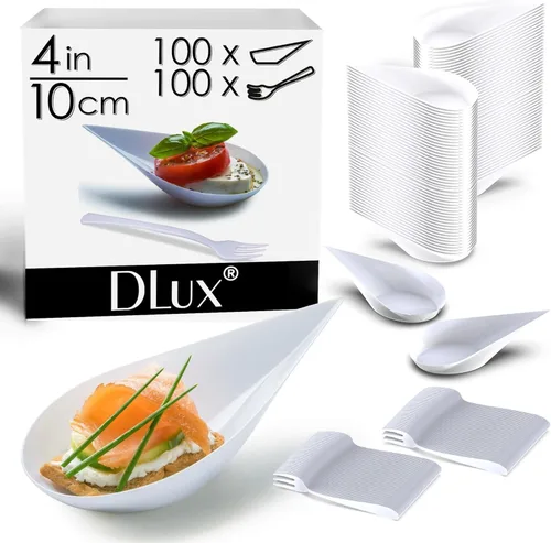 Vista 2 de DLux 100 mini platos de aperitivo de 4 pulgadas con tenedores, cucharas de plástico blanco reutilizables, platos para servir postres y aperitivos