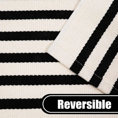 Vista 7 de KIMODE - Alfombra de algodón tejida con diseño a rayas en color negro, para puerta de entrada, cocina, decoración de estilo rústico
