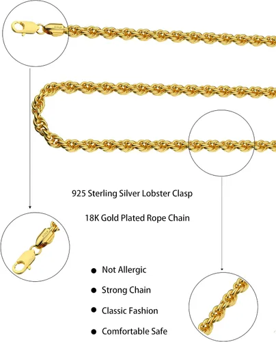 Vista 3 de Waitsoul 925 Sterling Silver Rope Chain Lobster Clasp 22.5345mm GoldSilver Chain for Men Women Silver Necklace Chain 16182022242630 Inches