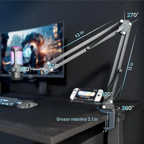 Vista 7 de JARO Micrófono USB para podcast con brazo de brazo, micrófono de condensador de estudio con monitoreo en tiempo real, silencio, control de volumen