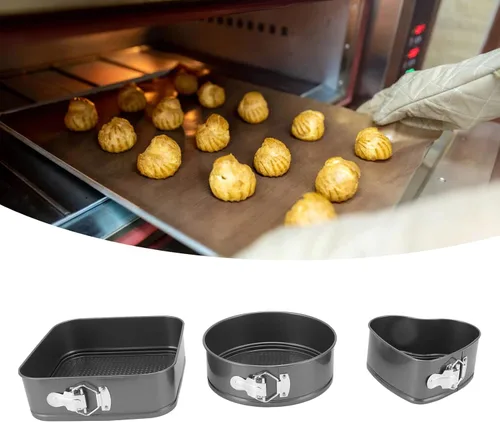 Vista 6 de Juego de 3 moldes para tartas de acero redondo con forma cuadrada de corazón antiadherente, molde para tartas de queso, parte inferior extraíble