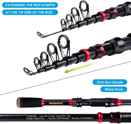 Vista 4 de Combo de caña de pescar y carrete, caña de pescar telescópica de fibra de carbono de 6.9 pies con combo de carrete de spinning/baitcasting, agua A
