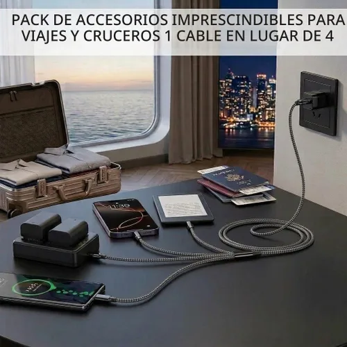 Vista 3 de Doub Tyep-C 4 en 1 cable de carga múltiple de 4 pies, cable de carga de nailon trenzado Lightning para iPhone, cable de carga universal con tipo C