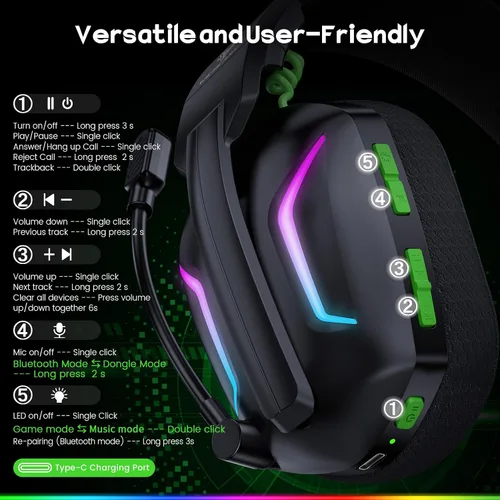 Vista 9 de WESEARY - Auriculares inalámbricos para juegos para PS5, PS4, PC, Switch 20 ms de baja latencia 2.4GHz USB & Bluetooth 5.4 Gaming Headphones