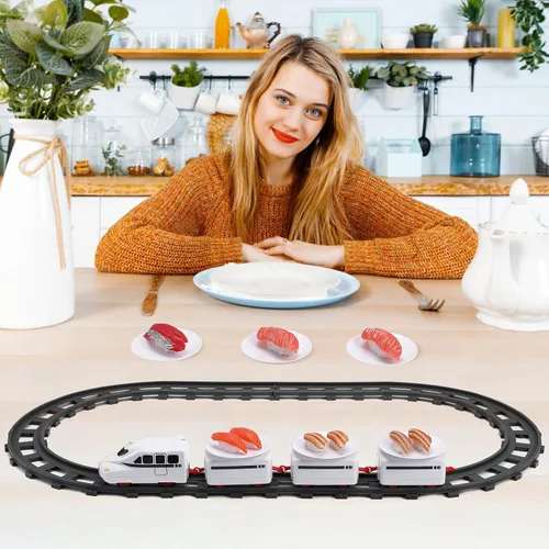 Vista 7 de TOYANDONA Juego de tren de sushi, mesa giratoria, tren alimentario, funciona con pilas, juguete bajo el árbol de Navidad, pista de tren para niños