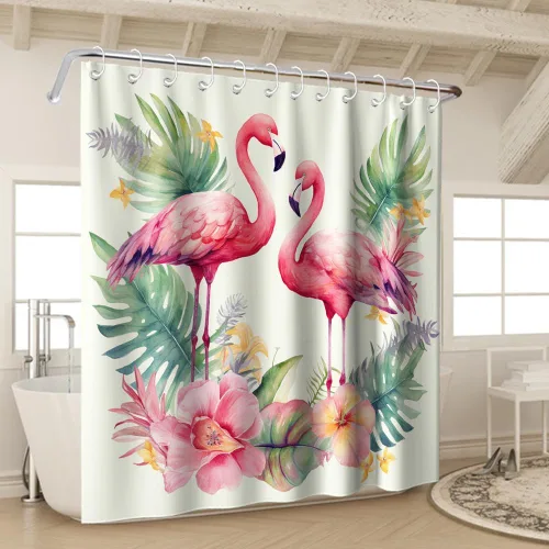Vista 3 de Cortina de ducha con diseño de flamenco, diseño de animales románticos, hojas de palmera tropicales, verde salvia, floral, diseño natural, acuarela