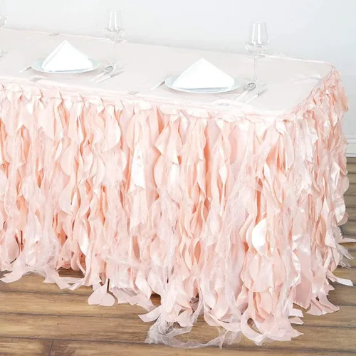 Vista 2 de TABLECLOTHSFACTORY Encantadora falda de tafetán de sauce rizado de 14 pies para cocina, comedor, catering, boda, fiesta de cumpleaños, eventos, Rubor