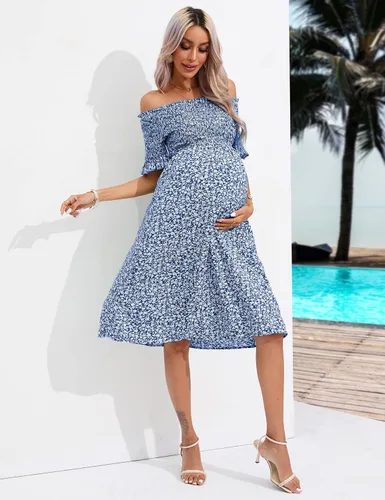 Vista 9 de KOJOOIN Women's Maternity Short Sleeve Summer Midi Dress Off Shoulder Smocked Spring Casual Boho Dress Baby Shower Photoshoot