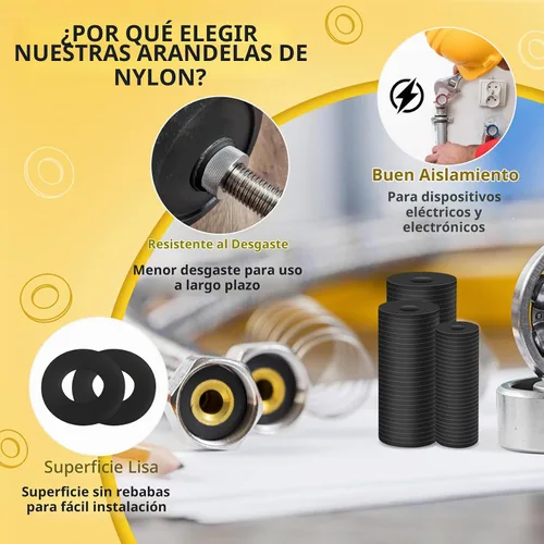 Vista 5 de 1200 arandelas planas de nailon para tornillos, arandelas de plástico negro, M2 M2.5 M3 M4 M5 M6 M8 M10 para uso doméstico y comercial
