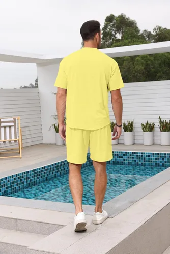 Vista 3 de Lexiart Conjunto de 2 piezas para hombre, chándal casual, pantalones cortos de verano, conjunto deportivo de manga corta de gran