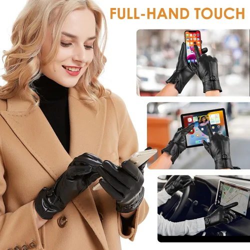 Vista 3 de Guantes de cuero de invierno para mujer, con pantalla táctil, guantes cálidos de piel de cordero
