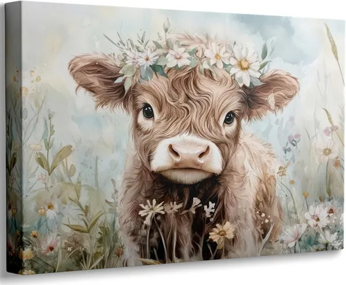 Vista 10 de Divertido arte de pared de baño de vaca de las tierras altas, rústico, color marrón, lindo animal, pintura, imagen, decoración de pared, ganado