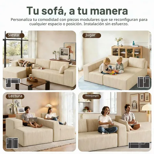 Vista 6 de Sofá modular modular en forma de L de 104 pulgadas con diván, sofá deshuesado similar a una nube, tapicería de pana transpirable, no requiere Beige