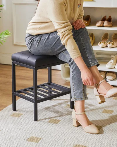 Vista 7 de IBUYKE Taburete de maquillaje rectangular con pies ajustables y espacio de almacenamiento, silla reposapiés, asiento de tocador de PU, multiusos