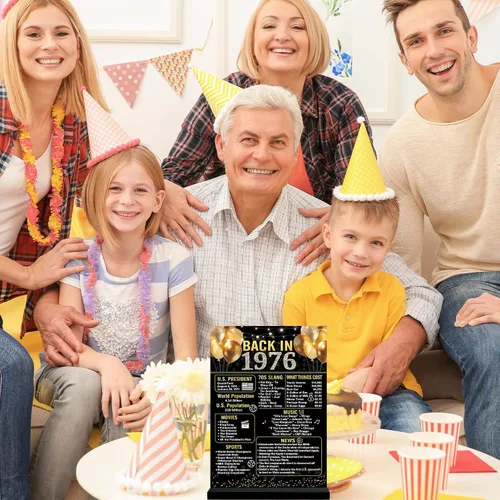 Vista 7 de Trgowaul Decoraciones de cumpleaños n.° 50 para mujeres y hombres, cartel de cumpleaños en acrílico negro y dorado de regreso en 1976 con soporte