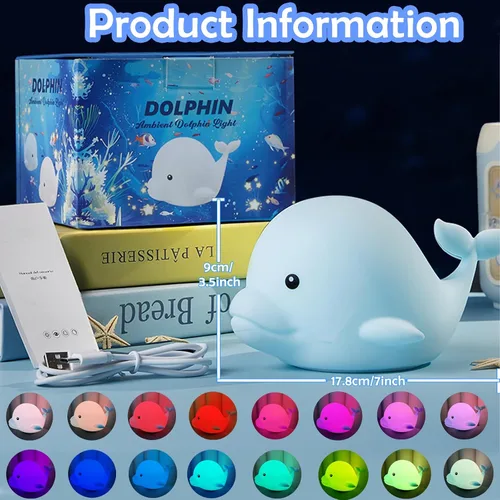 Vista 2 de Luz nocturna de delfín para niños, bonita luz nocturna, 16 colores de silicona, regulables, luces nocturnas para bebé, luz nocturna recargable