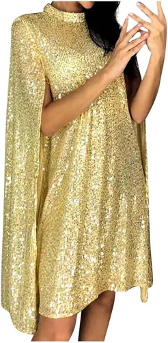 Vista 2 de CocktailDress PromDress Fashion Sexy Solid Stand Collar Sequin Loose Cloak Sleeve Dress New Years Eve Outfit