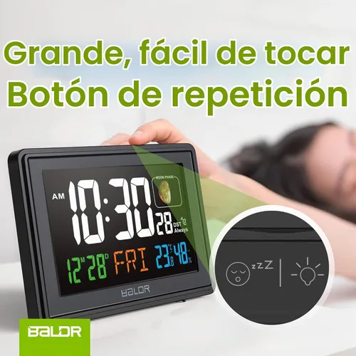 Vista 3 de BALDR Relojes Atómicos para Dormitorios Pantalla Digital Grande - Negro - Reloj de Escritorio con Temperatura Interior y Humedad, Reloj de Mesa
