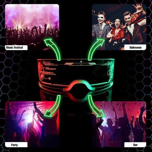 Vista 4 de Lentes de fiesta con luz LED, gafas con visera LED para niños y adultos, gafas luminosas de panal electrónico futurista, 7 colores, 4 modos