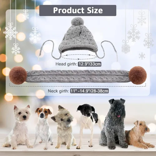 Vista 2 de Kuoser Juego de gorro y bufanda de invierno para perros, gorro tejido para mascotas, gorro cálido de Navidad, accesorios bonitos, bufanda
