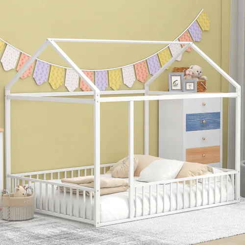 Vista 25 de Cama juguetona en forma de casa de tamaño matrimonial con estantes y luces, marco de cama de metal con techo para niños, adolescentes y adultos, un