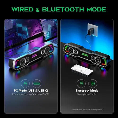 Vista 3 de Black Shark - Altavoces para computadora Bluetooth para escritorio, altavoz para PC de juegos con iluminación RGB multicapa dinámica y graves