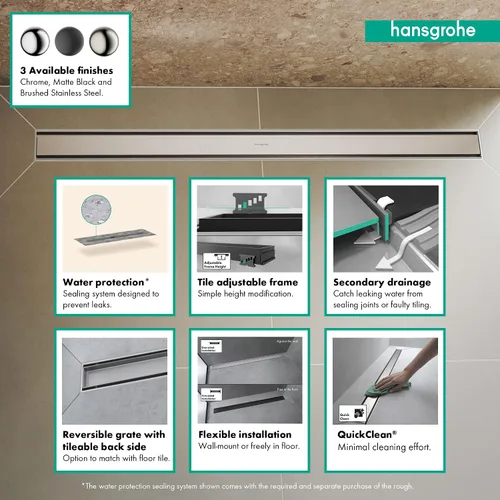 Vista 3 de hansgrohe RainDrain Match - Drenaje de ducha lineal para 31 1/2 pulgadas, áspero con marco de altura ajustable en acero inoxidable cepillado