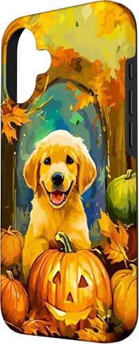 Vista 2 de Cute Golden Retriever Fall Pumpkin Autumn Leaves Halloween Case for iPhone 16