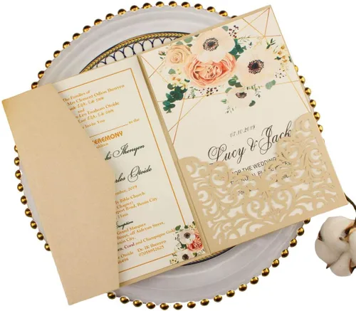 Vista 9 de Juego de 25 tarjetas de invitaciones de boda de 5 x 7.28 pulgadas con purpurina dorada clara, tres pliegues, cortadas con láser, corte hueco