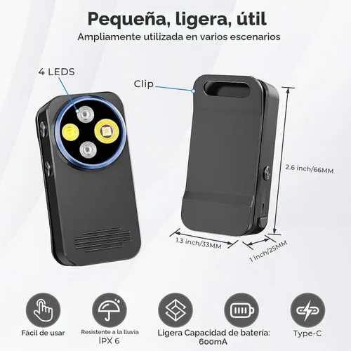 Vista 5 de Linterna EDC recargable, 600 lúmenes de fuentes LED duales, mini luz de clip con luz roja y azul, linternas de bolsillo plano portátiles, linterna