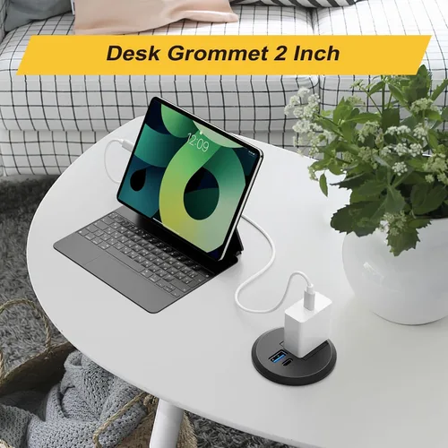 Vista 2 de Ojal de alimentación de escritorio de 2 pulgadas USB C PD de 20 W, enchufe de regleta de alimentación empotrada con enchufes de CA y 2 puertos