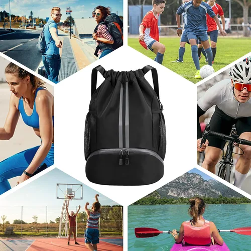 Vista 9 de Bolsa de fútbol deportiva con cordón, mochila de gimnasio para hombres y mujeres, con compartimento para pelotas y zapatos, mochila de fútbol
