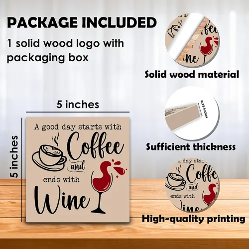Vista 2 de Cartel de mesa de café y vino para mesa de escritorio – Un buen día comienza con café y termina con vino – Bloque de madera de 5 x 5 pulgadas
