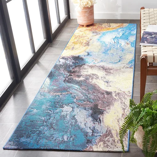Vista 3 de SAFAVIEH Barbados Collection - Alfombra de pasillo de 2 pies 8 pulgadas x 8 pies, azul y oro óxido, diseño abstracto moderno, para interiores