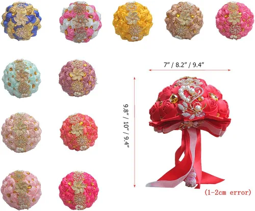 Vista 5 de Ramo de broche de 7 pulgadas para novia, dama de honor, ramo de boda con broches de cristal dorado, arreglo de centro de mesa, ramo floral
