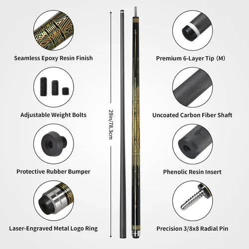 Vista 4 de Carbon Fiber Pool Cue 11.5mm 12.5mm Tip 58'' 19 20 oz Adjustable Weight System 3/8x8 Pin Billiard Cue Stick Low-Deflection Billiard Shaft