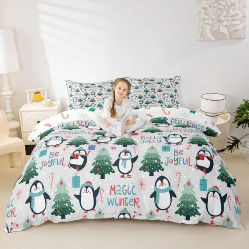 Vista 10 de Erosebridal Juego de ropa de cama de Navidad escandinavos gnomos de Papá Noel, funda de edredón de Papá Noel nevando para niños y niñas, funda