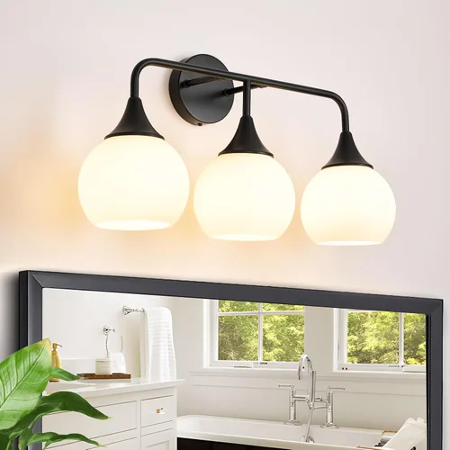 Vista 7 de Lámparas doradas de baño con 2 luces de tocador con pantalla de vidrio blanco leche, luces de tocador para baño, aplique de pared moderno para baño