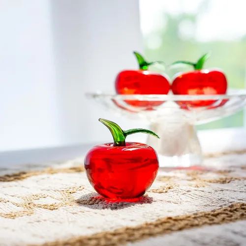 Vista 8 de Figura de manzana roja de vidrio soplado a mano de 2 pulgadas, frutas de cristal, coleccionables, manzanas, adorno decorativo para el hogar