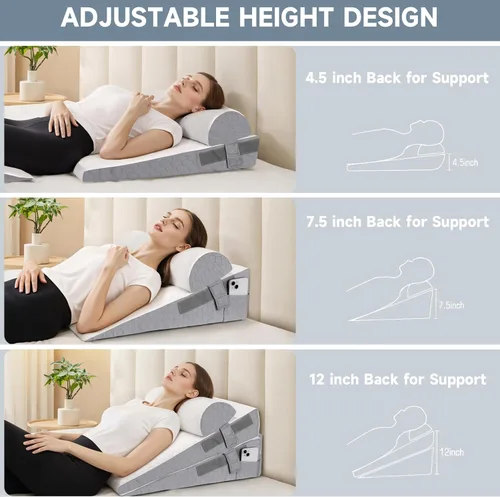 Vista 4 de Almohada de cuña de cama para dormir, 3 piezas de altura ajustable de 4.5, 7.5 y 12 pulgadas, cuña triangular para poscirugía, reflujo ácido