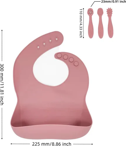 Vista 6 de Baberos de silicona para bebés, 2 unidades, con cucharas de silicona para bebés, impermeables, suaves