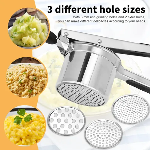 Vista 4 de Ricer de papas grande de 15 onzas con 3 discos intercambiables, de acero inoxidable resistente para puré de papas, herramienta de cocina con mango