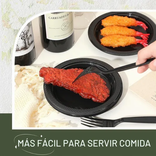 Vista 3 de Hushee 600 platos de postre de plástico negro de 6 pulgadas con tenedores de 7 pulgadas para aperitivo de pastel, 300 platos pequeños desechables