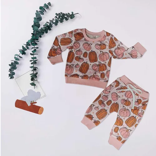 Vista 2 de Child Soft Playwear Halloween Toddler Girls Boys Long Sleeve Pumpkin Print Top And Pant Suit For 0 To 3 Years
