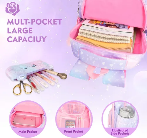 Vista 6 de Mochila Kawaii Rainbow para niñas Lindas bolsas escolares estrelladas para niños y adolescentes con estuche de felpa para bolígrafos y juego de 6