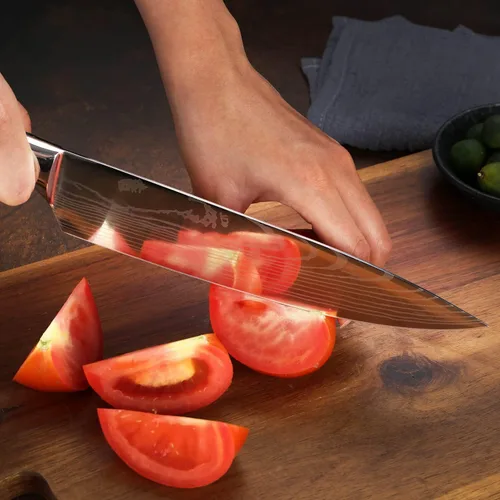 Vista 8 de SENKEN - Juego de 16 cuchillos de acero inoxidable japonés de alto carbono con patrón de damasco, asas de resina azul, 6 cuchillos para carne